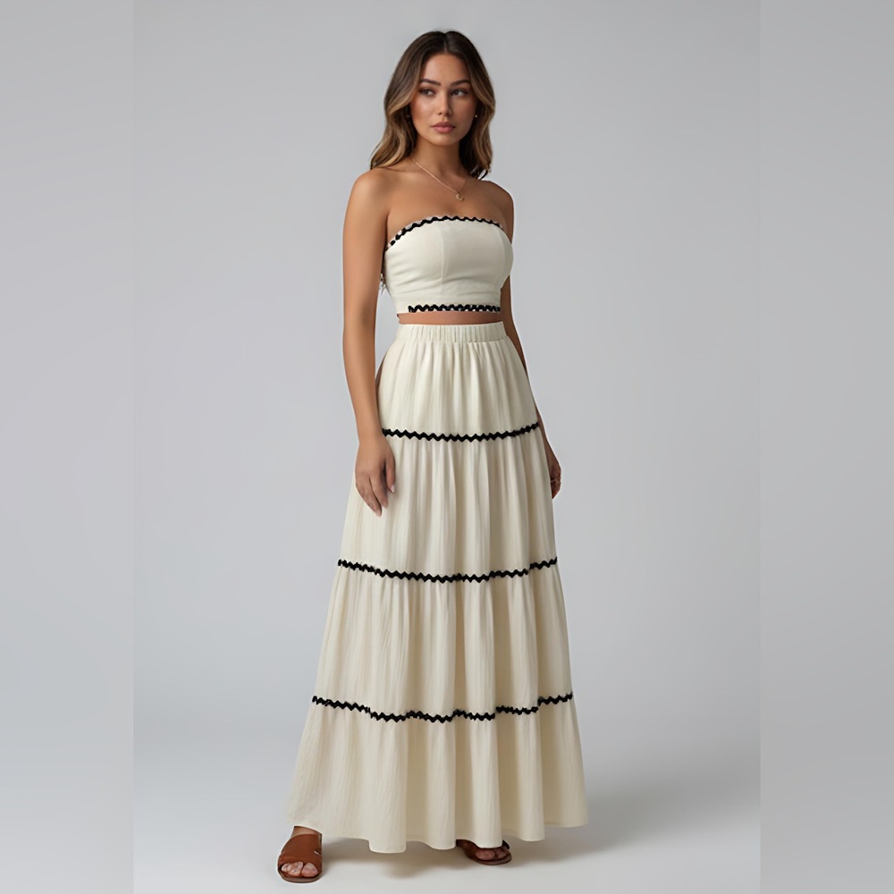 Boho Applique Cropped Bandeau Top And Skirt Set Beige - Picture 10 of 13